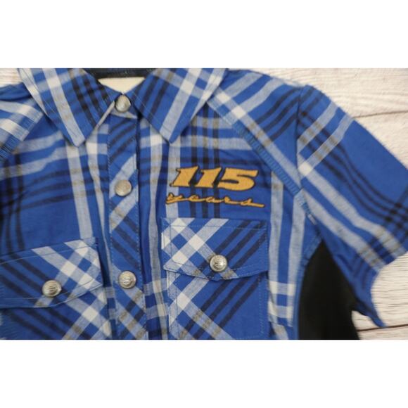 Harley Davidson Small 115 Plaid Blue Button Up Genuine Biker Short Sleeve Shirt - Picture 2 of 5